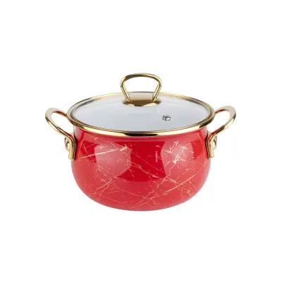 Cratita emailata rosie cu accente si manere aurii 26 x 16 cm 8.5